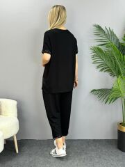 Kadın Kısa Kollu V Yakalı Pul Payetli Viskon Iki Iplik Bluz Ve Pantolon Ikili Takım