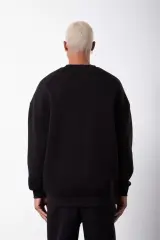 Unisex Biskilet Yaka Üç İplik SweatShirt - Siyah