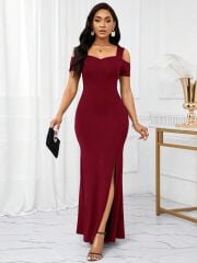 Kadın Omuzlardan Açık Askılı Yırtmaç Detaylı Uzun Ithal Krep Elbise