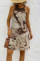 Kadın Sıfır Kol Soğuk Omuz Yaka Baskılı Süprem Elbise