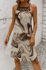 Kadın Sıfır Kol Soğuk Omuz Yaka Baskılı Süprem Elbise