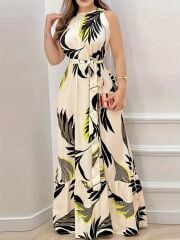 Kadın Sıfır Kok Bağcıklı Kemerli Etek Ucu Fırfırlı Desenli Süprem Elbise