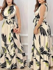 Kadın Sıfır Kok Bağcıklı Kemerli Etek Ucu Fırfırlı Desenli Süprem Elbise