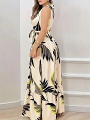 Kadın Sıfır Kok Bağcıklı Kemerli Etek Ucu Fırfırlı Desenli Süprem Elbise