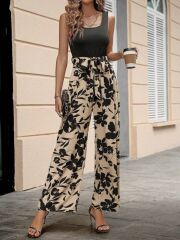 Kadın Askılı Yuvarlak Yaka Beli Kuşaklı üst Viskon Alt Dalgıç Tulum