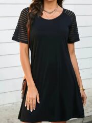 Kadın Kısa Kollu Yuvarlak Yaka şerit Kol Detaylı Viskon Elbise