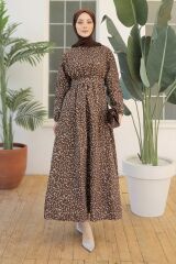 Kadın Papatya Desen Bisiklet Yaka Belden Bağlamalı Elbise