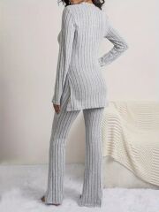 Kadın Uzun Kollu Yuvarlak Yaka Yandan Yırtmaç Detaylı şardonlu Kaşkorse Bluz Ve Pantolon Ikili Takım