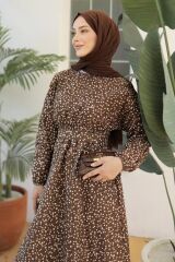 Kadın Papatya Desen Bisiklet Yaka Belden Bağlamalı Elbise