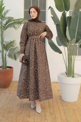 Kadın Papatya Desen Bisiklet Yaka Belden Bağlamalı Elbise