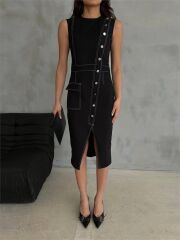 GABARDİN KALEM ELBİSE DÜĞME VE YIRTMAÇ DETAYLI - Bej