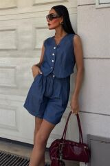 Gümüş Düğmeli Yelek Ve Şort Tensel Takım 10174