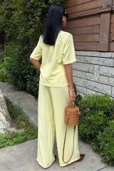 Hakim Yaka Çapraz Düğmeli Plazzo Pantolon Viscon Keten Takım 10209