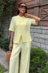 Hakim Yaka Çapraz Düğmeli Plazzo Pantolon Viscon Keten Takım 10209