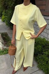Hakim Yaka Çapraz Düğmeli Plazzo Pantolon Viscon Keten Takım 10209