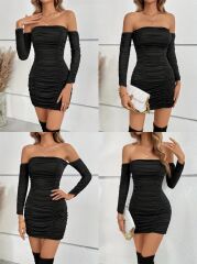 Kadın Uzun Kollu Omuzlardan Açık Takma Kollu Büzgülü Sandy Kısa Elbise