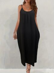 Kadın Ip Askılı Geniş V Yakalı Viskon Elbise