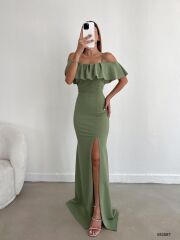 Kadın Dalgıç Krep Yırtmaç Detaylı Askılı Maxi Boy Elbise