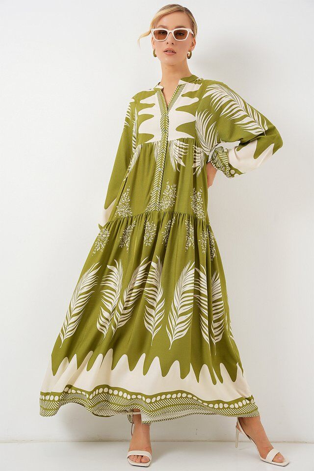 2423 Otantik Desenli Tesettür Elbise - Mint Yeşili