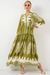 2423 Otantik Desenli Tesettür Elbise - Mint Yeşili