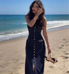 Kadın Kaşkorse Kumaş Düğme Detaylı Kolsuz Maxi Boy Elbise