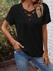 Kadın Kısa Kollu önden çapraz Detay V Yakalı Viskon Bluz