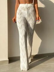 Kadın Yüksek Bel Bağcıklı Desenli Triko Plaj Pantolon