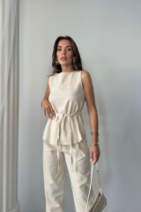 KETEN BLUZ - PANTOLON TAKIM MASSİMO MODELSCREAT KUMAŞ - Bej