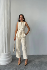 KETEN BLUZ - PANTOLON TAKIM MASSİMO MODELSCREAT KUMAŞ - Bej