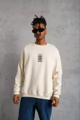 Unisex Bisiklet Yaka Baskılı Oversize Sweatshirt - Beyaz