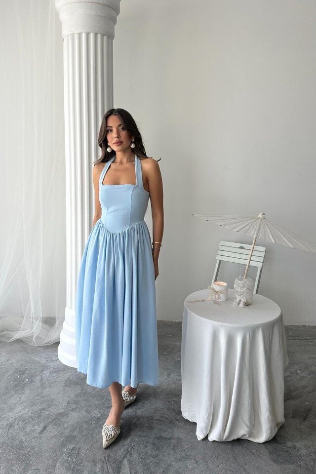 Mavi Boyundan Bağlamalı Keten Elbise