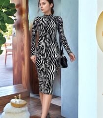 Kadın Zebra Desen Süet Kumaş Fırsat ürün Midi Boy Elbise