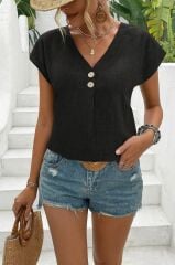 Kadın Kısa Kollu V Yakalı Düğmeli Keten Bluz