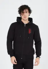Unisex Baskılı Tam Fermuarlı Kapşonlu SweatShirt - Siyah