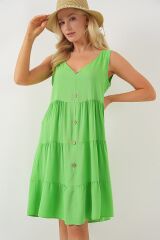 Sıfır Kol Düğmeli Kısa Elbise 2571 - Yeşil