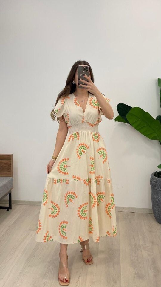 Kadın Keten Kumaş Beli Gipeli V Yaka Maxi Boy Elbise