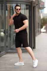 Erkek Yakalı Fermuarlı T-shirt şort Ikili Takım