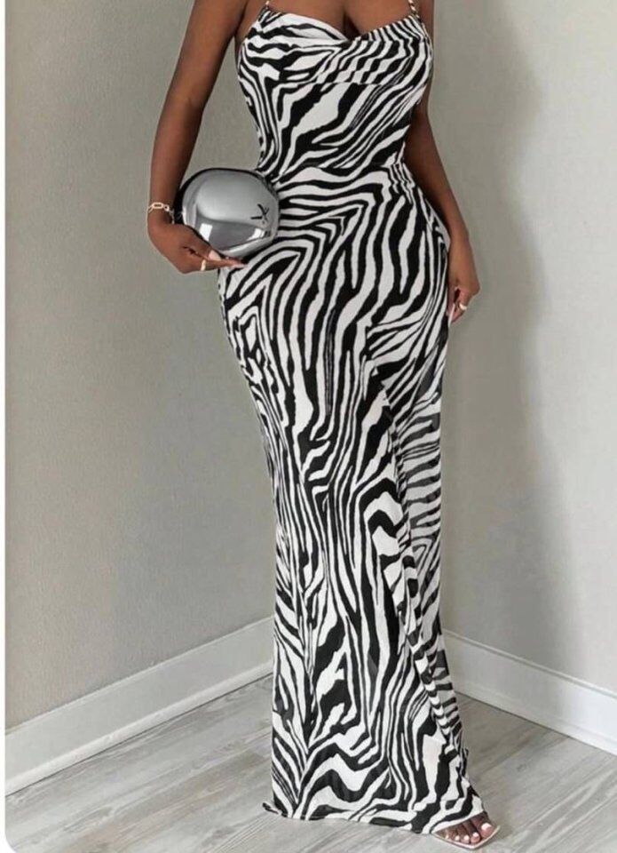 Kadın Kadın Ip Askılı Dökümlü Yaka Zebra Desen Maxi Boy Elbise
