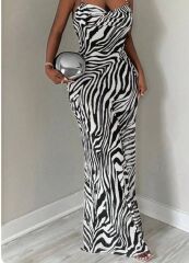 Kadın Kadın Ip Askılı Dökümlü Yaka Zebra Desen Maxi Boy Elbise