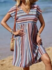 Kadın Kısa Kollu V Yakalı Pile Detay Keten Elbise