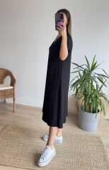 Kadın Kısa Kollu V Yaka Cepli A Kesim Detaylı Viskon Elbise