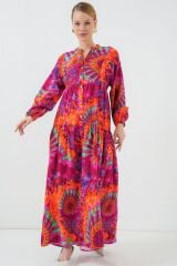 2423 Otantik Desenli Tesettür Elbise - H. Fuşya