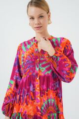 2423 Otantik Desenli Tesettür Elbise - H. Fuşya