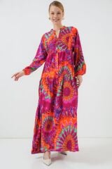 2423 Otantik Desenli Tesettür Elbise - H. Fuşya