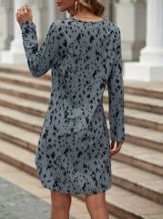 Kadın Uzun Kollu V Yakalı Desenli Kısa Keten Elbise