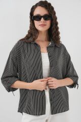 Çizgili Oversize Kısa Kol Gömlek 20296 - Siyah