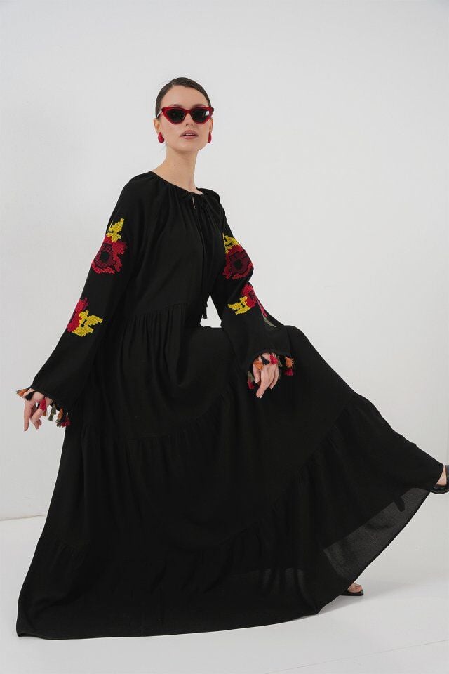 Nakışlı Uzun Elbise 2534 - Siyah