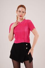 Fitilli Kısa Kollu Parlak Fuşya Bluz