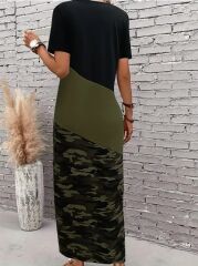 Kadın Kısa Kollu Bisiklet Yaka çok Renkli Maksi Viskon Elbise