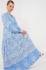 2423 Otantik Desenli Tesettür Elbise - S. Mavi